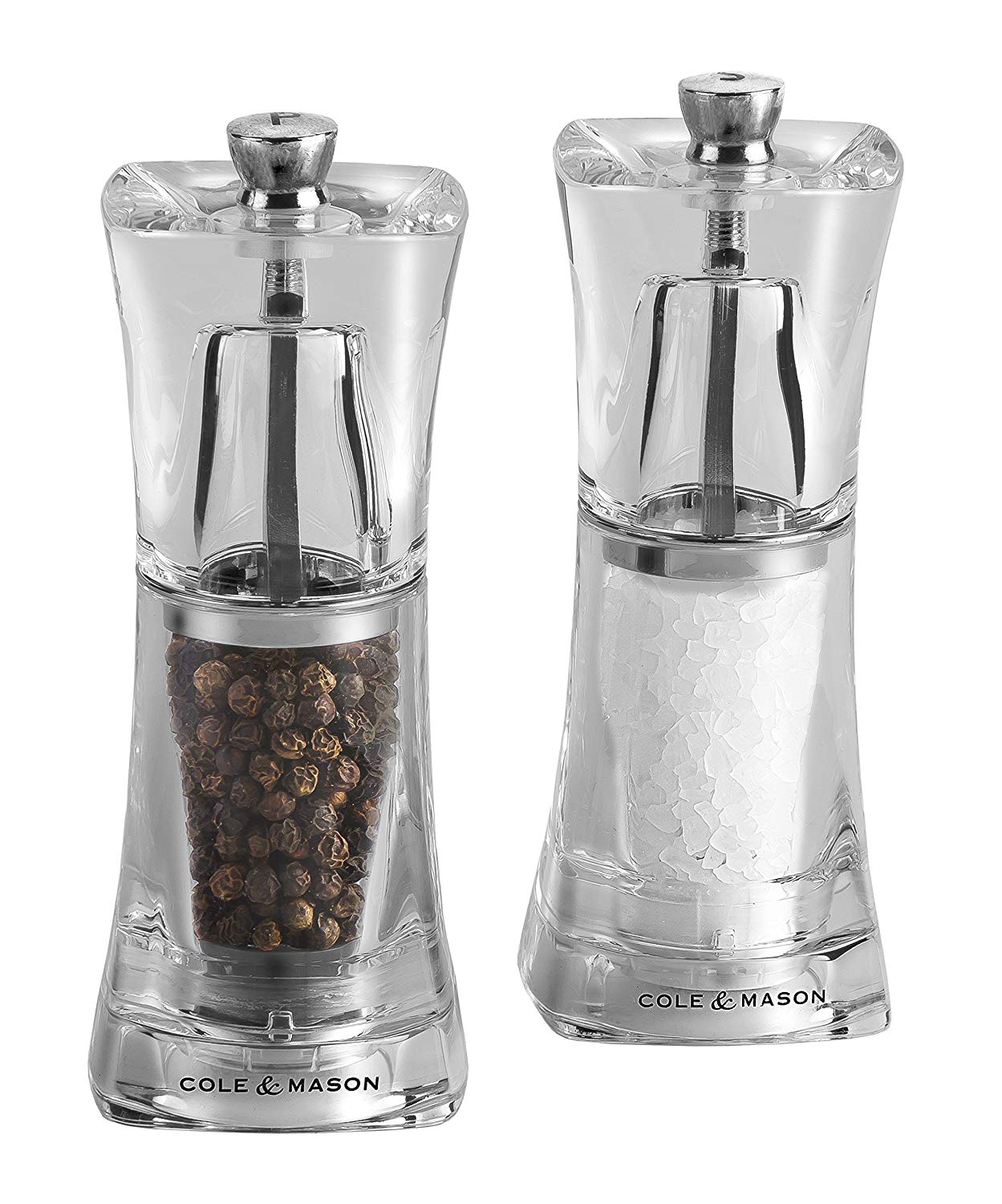 Cole & Mason Crystal Clear Salt and Pepper Mills, Adjustable Grind Precision+, Acrylic, 125mm, Gift Set