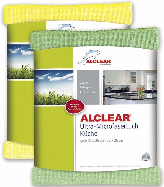 ALCLEAR 8215810yg Ultra-Microfibre Kitchen Cloths for Kitchen / Gastronomy / Glasses / Crockery 32 x 36 cm Green and Yellow Set of 2