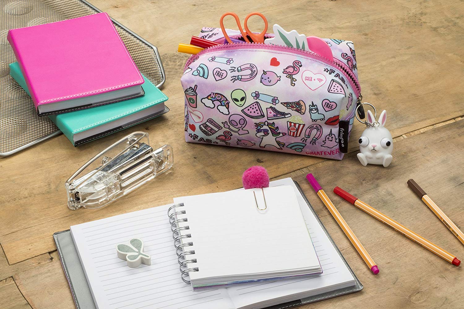 Fringoo® Large Square Pencil Case for Kids Stationery Pouch with Eye Popper Zip Puller (Teen Doodles) - Image 4
