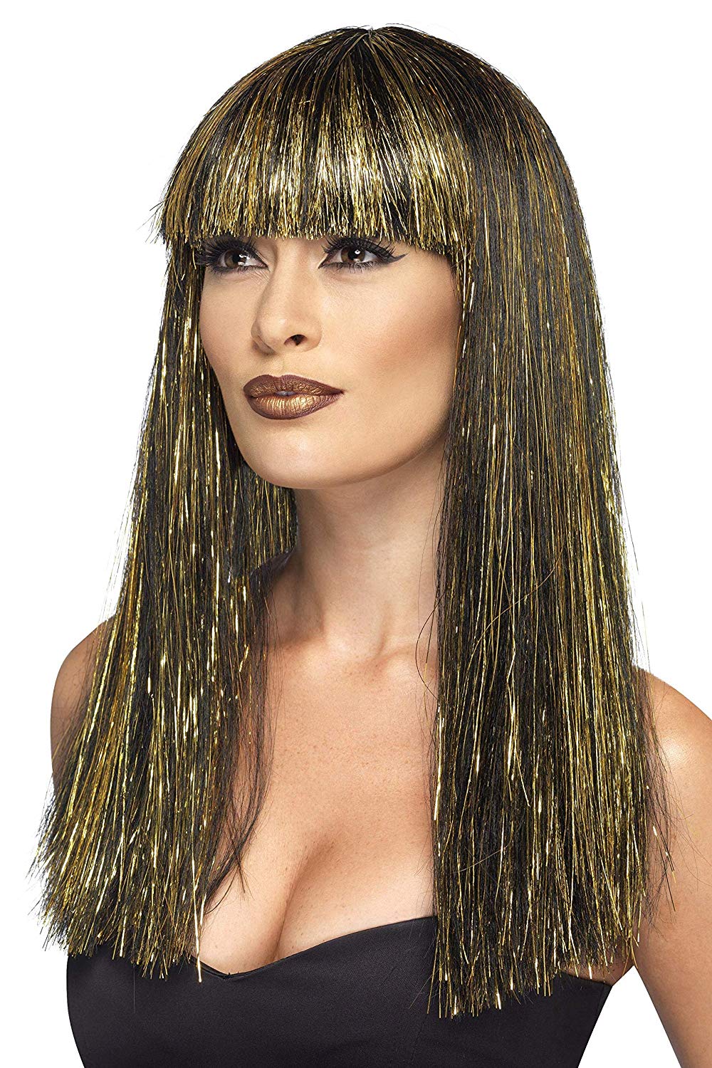 Smiffys Egyptian Goddess Wig, Black with Gold Tinsel, Legends & Myths Fancy Dress, Ancient Egypt Dress Up Wigs Halloween