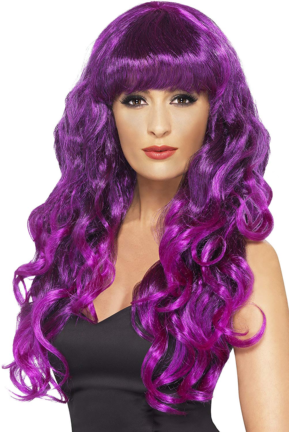 Smiffys Siren Wig, Purple Long, Curly & with Fringe, Ladies Glamour Wigs Fancy Dress, Adult Dress Up Wigs