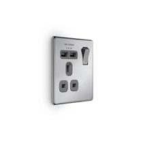 BG Electrical fpc21u2g Screwless Flat Plate Single Switched Fast Charging Power Socket with Two USB Charging Ports, 13 A, Polished Chrome with Grey Inserts