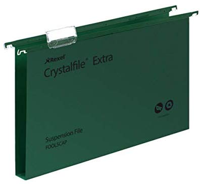 Rexel Foolscap Heavy Duty Suspension Files with Tabs and Inserts for Filing Cabinets 30 mm base, Polypropylene, Green