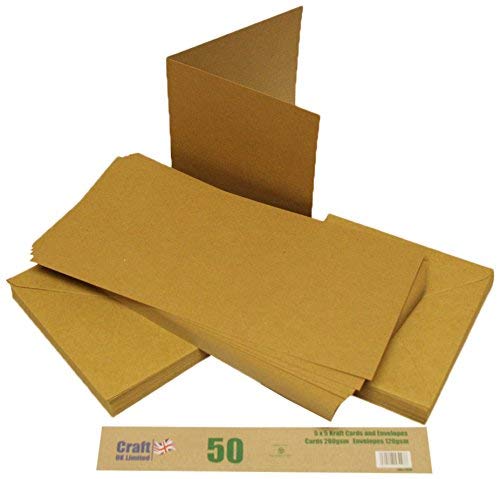 Craft UK 2050 5 x 5 inch Kraft Card and Envelope pack of 50 - Brown, 5X5 Card & Envelopes