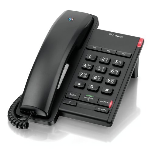 BT Converse 2100 Corded Landline House Phone, Home Phone, 3 Quick Dial Buttons, Headset Socket, Black