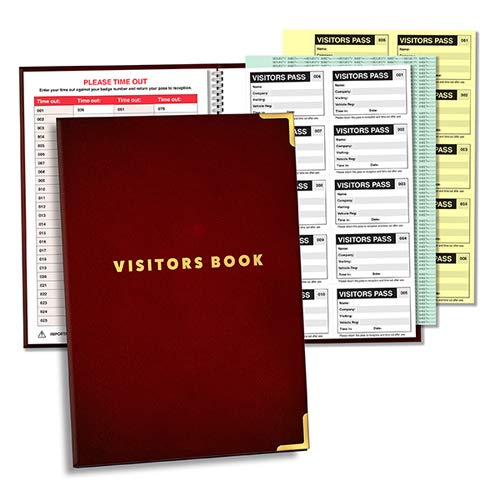 GDPR Compliant Business Visitor Book with 100 90 x 60mm Visitor Badge Inserts, Burgundy