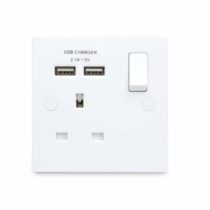 BG Electrical 921U2 Single Switched 13 A Fast Charging Power Socket with Two USB Charging Ports, 2.1 A, 5 V, 10.5 W, Square Edge, White