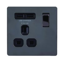 BG Electrical fbn21u2b 2.1 A Masterplug Single Socket with 2 x USB, Brushed Nickel Black Insert