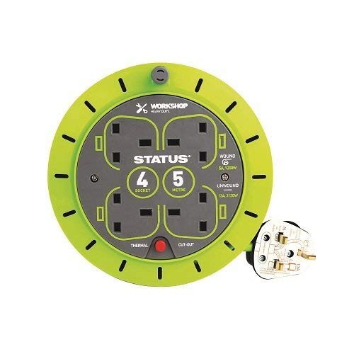 STATUS 4 Socket Cable Reel, 5m, Green, 13 Amp, Thermal Cut Out, Heavy Duty, Outdoor Extension Lead, Ideal for DIY Garden