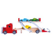 Bino 84075 Large Transporter Inlcluding 4 Wooden Vehicles. Colourful Tranporter Lorry for Children from 36 Months. Car Carrier Truck Toy Dimensions 37,5x8,5x13,5 cm, Multicolour