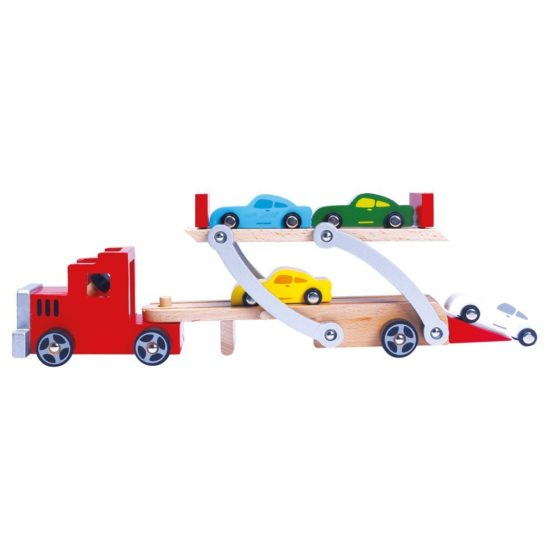 Bino 84075 Large Transporter Inlcluding 4 Wooden Vehicles. Colourful Tranporter Lorry for Children from 36 Months. Car Carrier Truck Toy Dimensions 37,5x8,5x13,5 cm, Multicolour