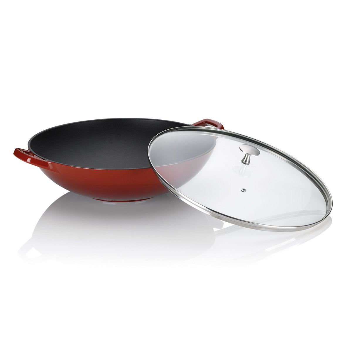 kela cast Iron Wok with Glass lid 36 cm CALIDO, Induction Wok, Wok pan with lid, Enamelled, red, 36,00x36,00x10,00 cm - Image 2