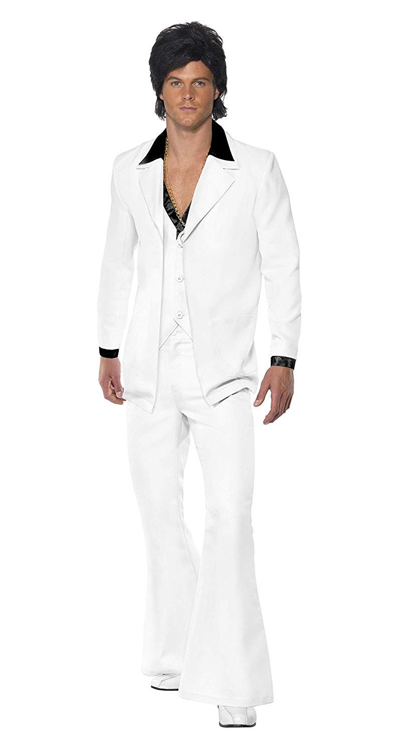 Smiffys 70s Suit Costume, White Jacket with Mock Shirt, Waistcoat & Trousers, 1970's Disco Fancy Dress, 1970s Dress Up Costumes