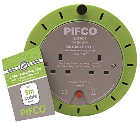 Daewoo Extension Reel, 2 Way Socket with 5 Metre Cable, Heavy Duty with Resettable Safety Cut Out, Cassette Reel, Black and Blue