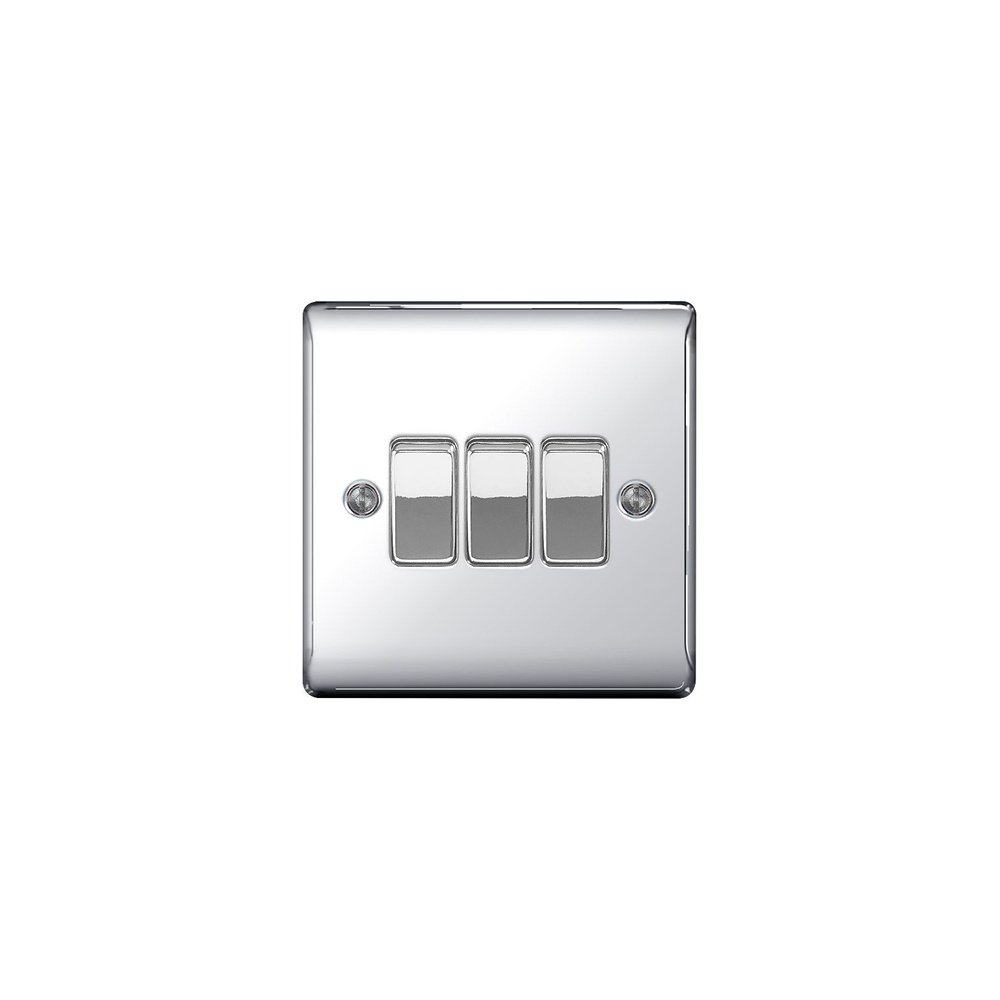 BG Electrical Triple Wall Light Switch, 2 Way, Raised and Slim Profile, Round Edges, Nexus Metal, Polished Chrome, 20A, 16AX, NPC43