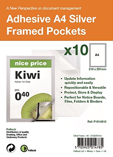 Pelltech P1815010 A4 Self Adhesive Display Frame with Magnetic Closure - Silver (Pack of 10), A4 - Pack of 10