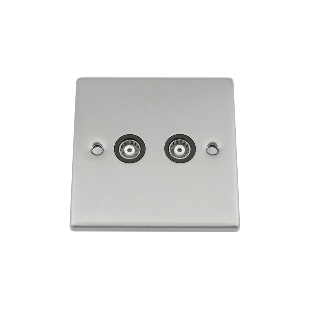 TV Coaxial Aerial Socket Double 2 Gang - Satin Chrome - Black - Square