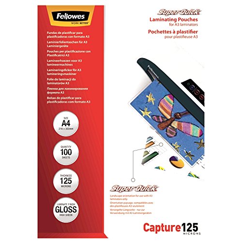 Fellowes Capture A4 125micron Super Quick Glossy Laminating Pouches (Pack of 100), transparent