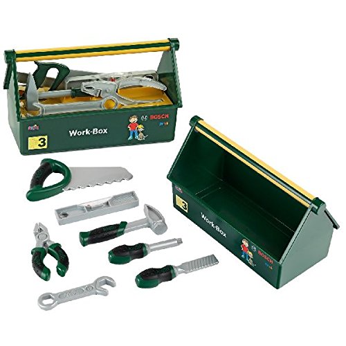 Theo Klein 8573 Tool Box I 7-Part Tool Kit I Strong Box with Practical Handle for Carrying I Dimensions: 30.25 cm x 14 cm x 17.25 cm I Toy for Children Aged 3 Years and up
