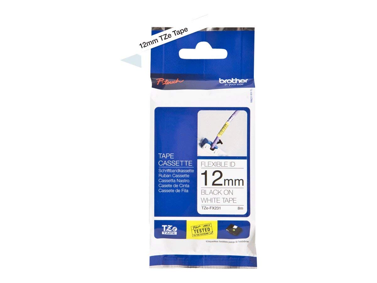 Brother TZe-FX231 Labelling Tape Cassette, Black on White, 12mm (W) x 8M (L), Flexible ID, Brother Genuine Supplies