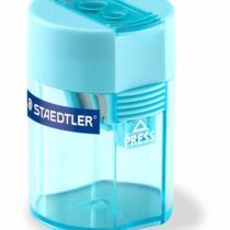Double pencil sharpener with a cyan container