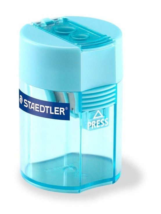 Double pencil sharpener with a cyan container