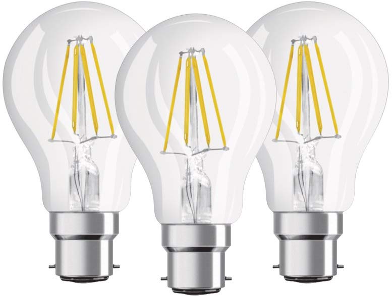 Osram Bulb Shape Base Classic A LED Lamp, Glass, Warm White, B22d, 7 W, Set of 3, 3 Count (Pack of 1)
