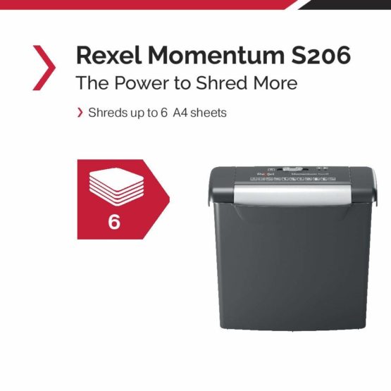 Rexel Momentum S206 Strip Cut Paper Shredder, Shreds 6 Sheets, 9 Litre Bin, Black, 2104568 - Image 2