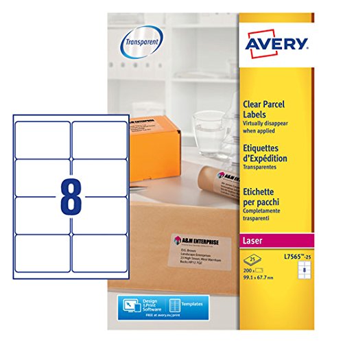 Avery Printable, Customisable Clear Parcel Shipping Labels, Laser Printers, 8 Labels Per A4 Sheet, 200 Labels, QuickPEEL (L7565), White