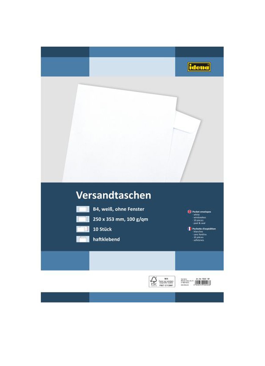 IDENA 10243 Envelope DIN A4 100 g/m² Self Adhesive Without Window - Pack of 10 FSC Mix, White, 250 x 353 month