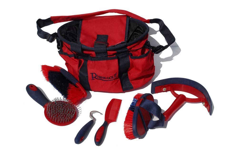 Rhinegold RED GROOMING BAG WITH KIT, 7 Pieces Equestrian Grooming Gift Set that Includes All Types of Horse Hair Brush