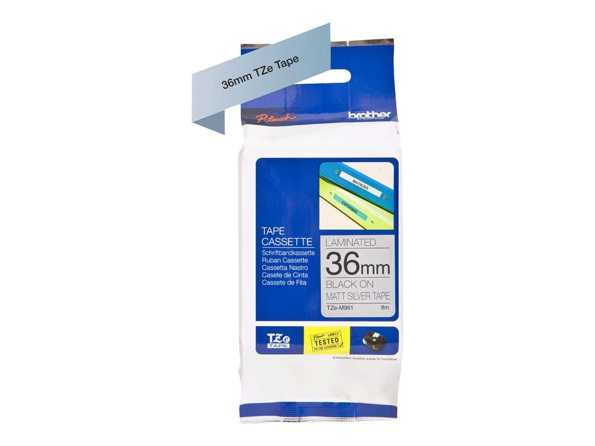 Brother TZe-M961 Labelling Tape Cassette, 36 mm (W) x 8 m (L), Laminated, Brother Genuine Supplies - Black on Matt Silver