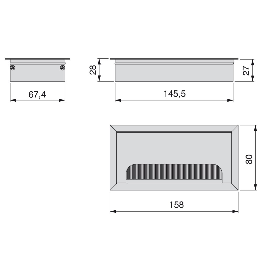 Emuca - Square Built-in Metal Grommet for Table/Desk/worktop 160x80mm (6,2x3,14 inch), matt Anodized Aluminium - Image 3