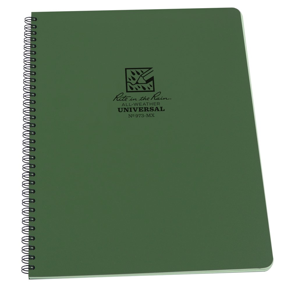 Rite In The Rain Waterproof Paper Side Spiral Notepad Green Polydura Cover 64 Pages 12 Sheets Imperial and Metric Rulers, 4 ⅝ x 7- Inch
