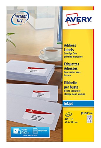 Avery - Pack of 840 Self-Adhesive Address Labels, Customizable and Printable, Format 63, 5 x 38, 1 mm, Inkjet Printing, (J8160-40)