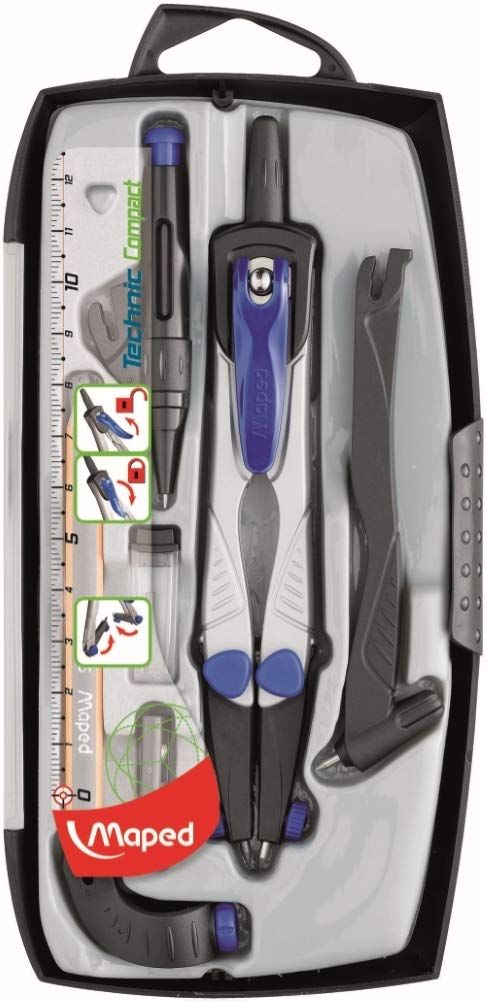 Maped Technic Compact Compass Case (7 Pieces), Black, Blue, Metallic