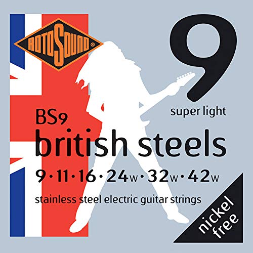 Rotosound BS9 Stainless Steel Super Light Gauge Electric Guitar Strings (9 11 16 24 32 42), White Black Red Blue