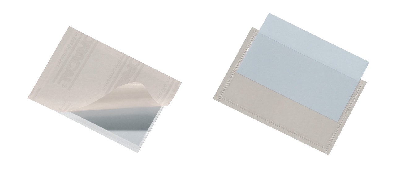 Durable Pocketfix 57 x 90 mm Top Opening Self-Adhesive Labelling Pockets - Pack of 100, Transparent, 57x90 mm