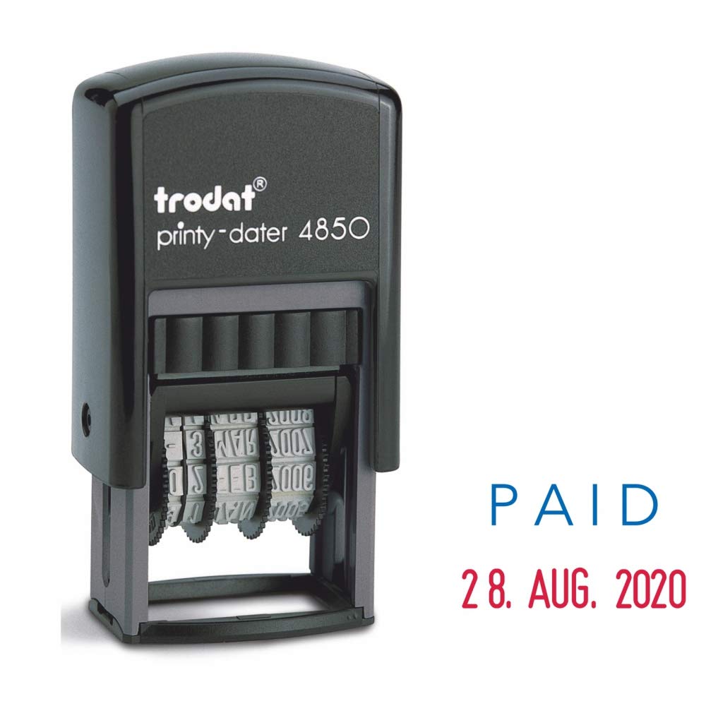 Trodat Printy 4850/L2 PAID Date Stamp, Self Inking Dater with Blue PAID and Red Date, 25 x 4 mm Impression, 3.8 mm Date