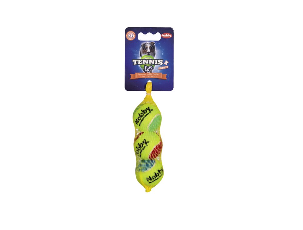 Nobby assorted tennis ball with squeaker XS 4.5 cm; 3-piece net, assorted colours