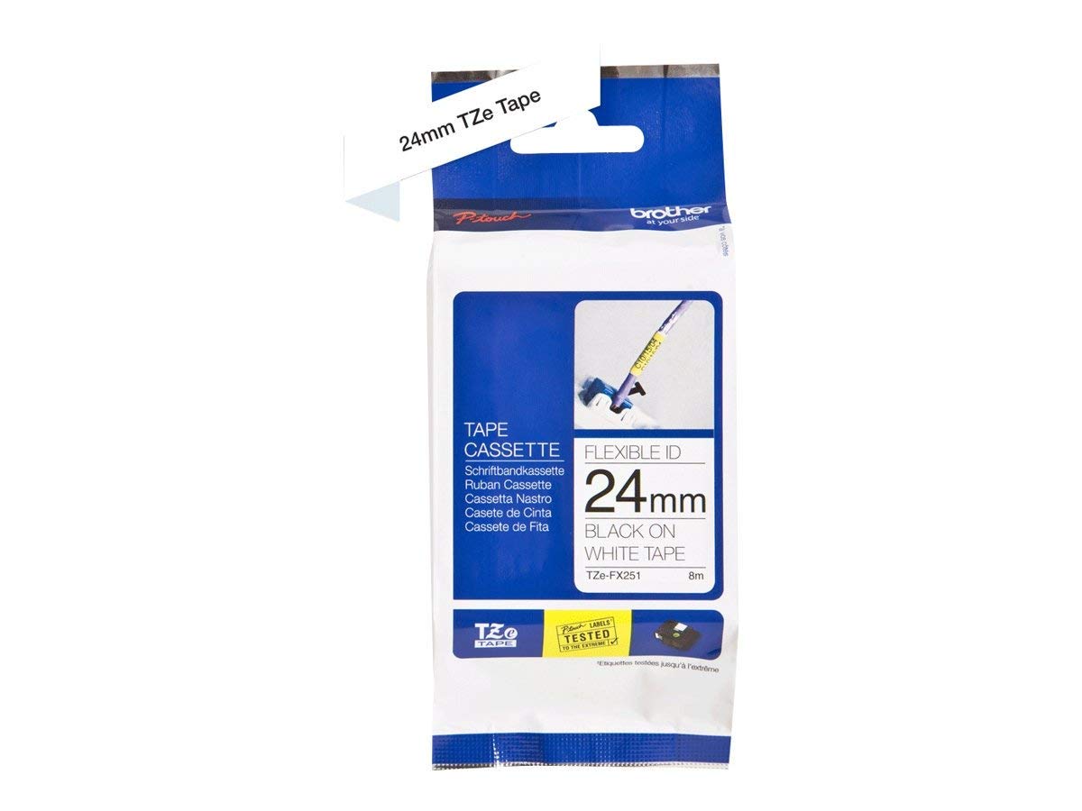 Brother TZe-FX251 Labelling Tape Cassette, Black on White, 24mm (W) x 8M (L), Flexible ID, Brother Genuine Supplies