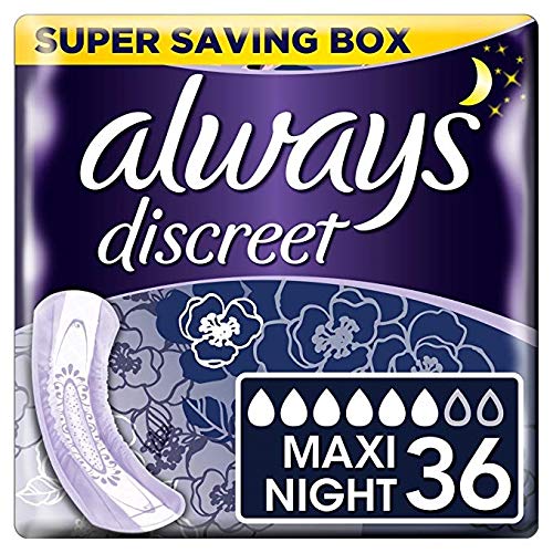 Always Discreet Incontinence Pads Women, Maxi Night Pads, 36 High Absorbency Pads (6 x 6 Packs), Odour Neutraliser