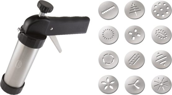 Drer Cookie press Profi with 12 moulds 22cm in silver-black, Stainless Steel, 5 x 5 x 22 cm