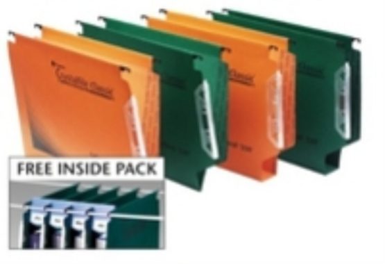 Rexel 330 Lateral Hanging Files with Tabs and Inserts, 30 mm base, 100 Percent Recycled Manilla, Green, Crystalfile Classic, Pack of 25, 3000109