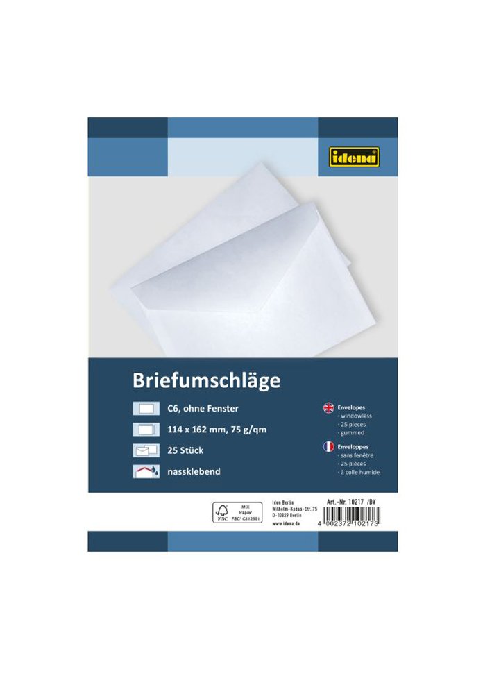 Idena 10217 Envelopes DIN C6, 75 g/m², Gummed Without Window, Pack of 25, White, 25 Stück nassklebend