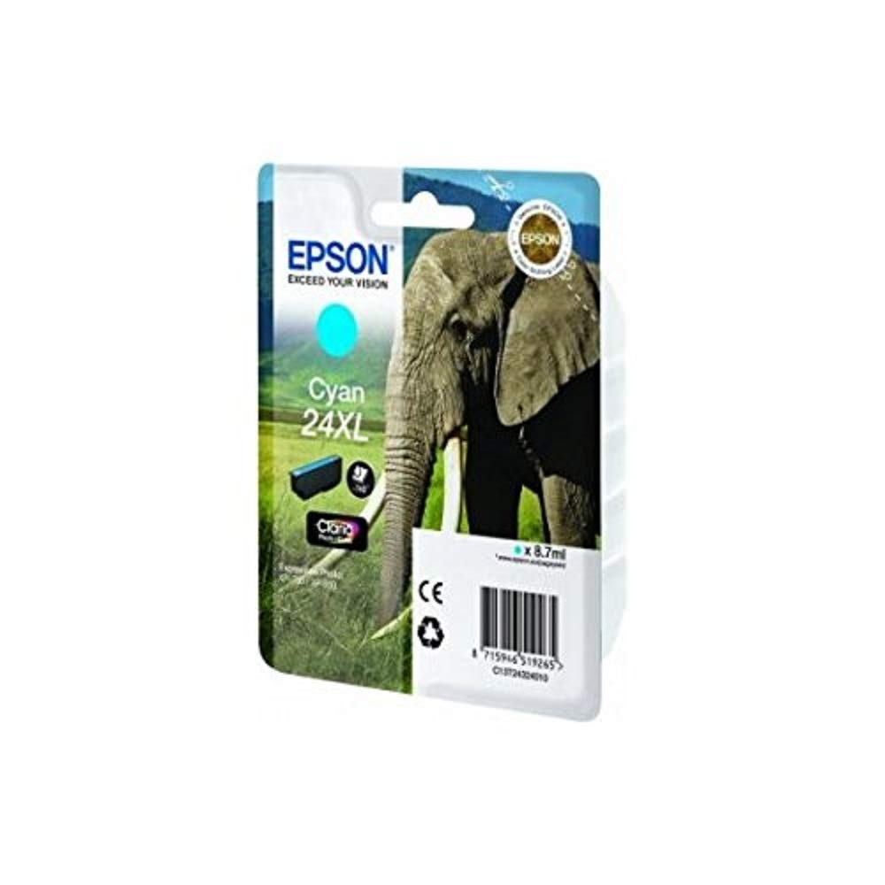 Epson 24XL Cyan Elephant High Yield Genuine, Claria Photo HD Ink Cartridge, XL High Capacity