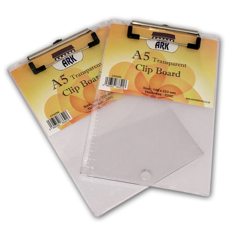 2 x A5 Translucent Plastic Clipboard -Tinted Clear Clip Board (223 x 148mm) by ARK, transparent