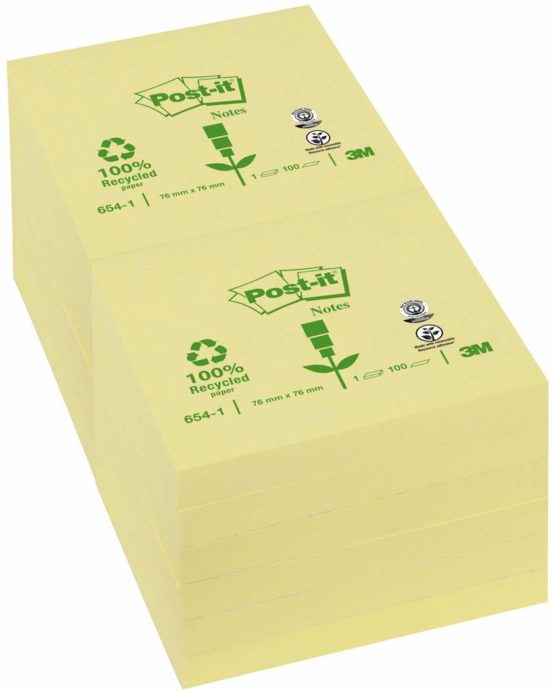 3M Post-it Notes made from 100% recycled material, 76x76mm in canary yellow with 100 sheets per pad, Pack of 12