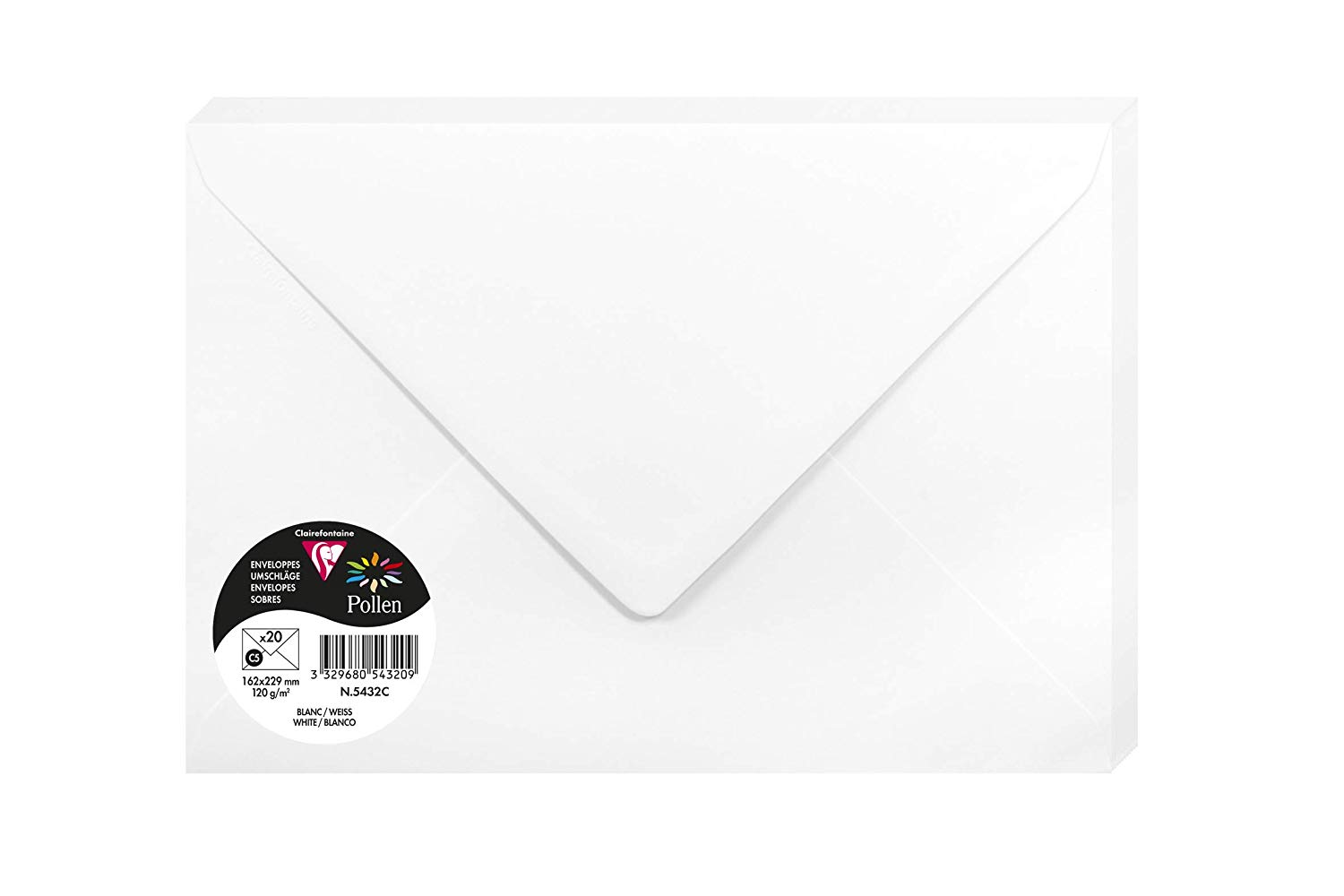 Clairefontaine 5432C Pack of 20 Gummed Envelopes Format C5 16,2x22,9cm 120gsm colour White Invitation Events Correspondence Pollen Range Premium Smooth Paper