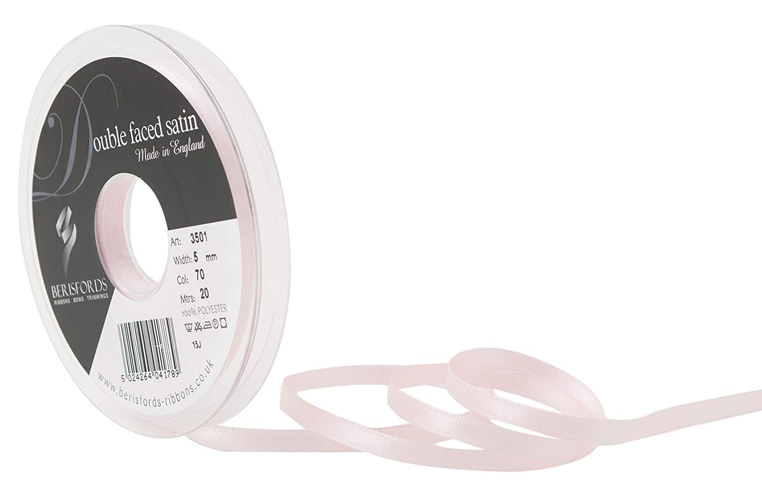 Berisfords Double FACE Poly Satin Ribbon, Pale Pink, 5 mm
